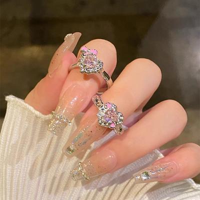 Sweet Pink Rhinestone Crystal Rings For Women Cute Zircon Bow Love Finger Rings For Women Girls Party Jewelry Accessories Gifts