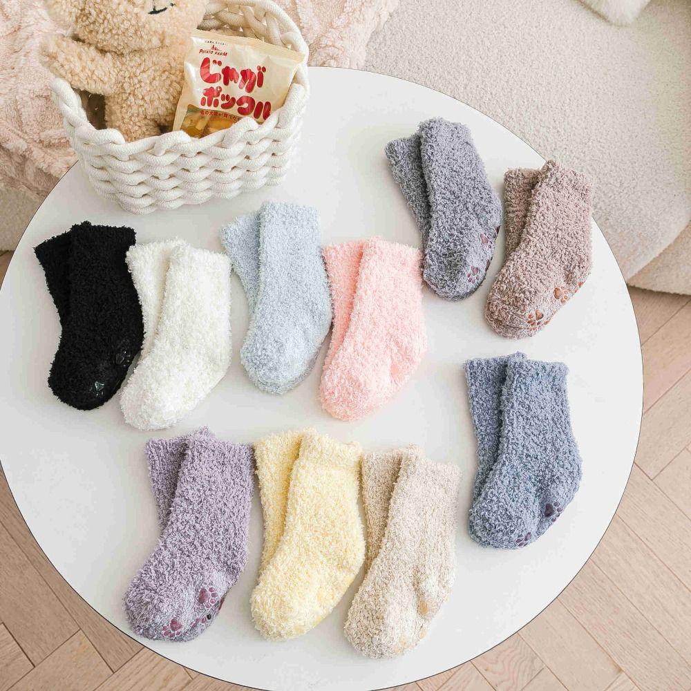 Thickening Coral Fleece Baby Socks Solid Color Home Sleep Socks Infant Learning Walk Socks Toddler