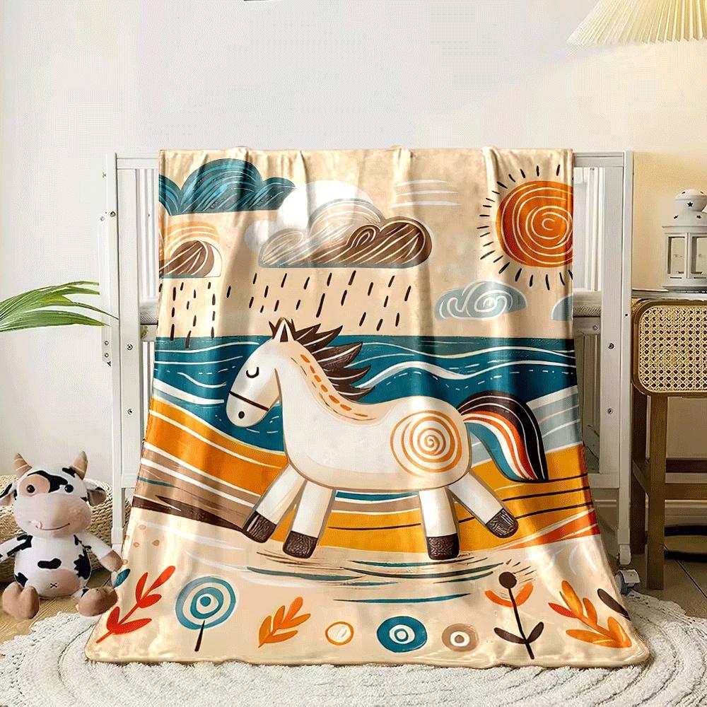 A Stylized Horse Amidst Swirling Patterns of Sun, Rain, and Nature. for All Seasons Blanket Lunch Break Throw Gift