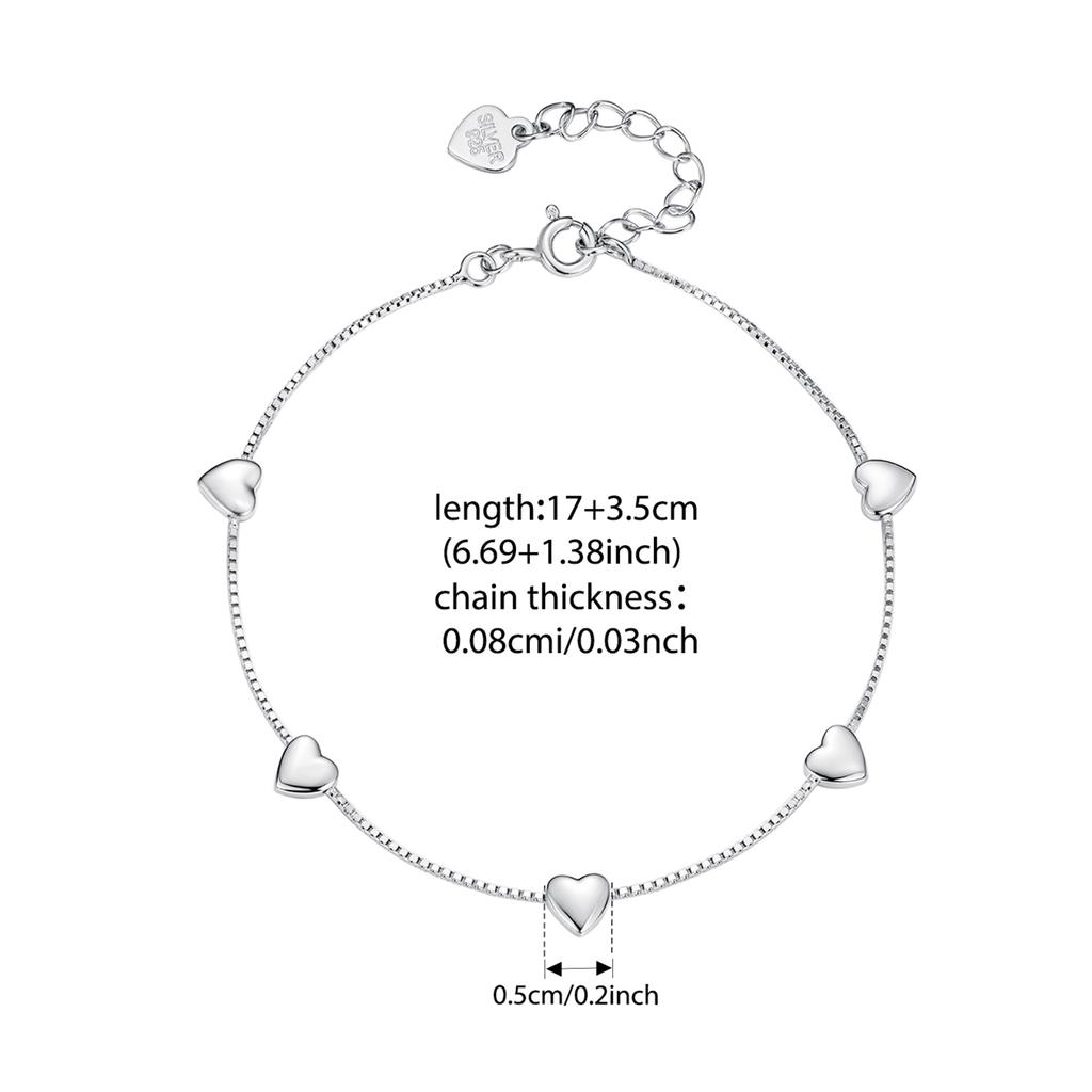 BAMOER 925 Sterling Silver Adjustable Heart Bracelet Dainty Box Chain Bracelet for Women Teen Girls Sweet Birthday Gift
