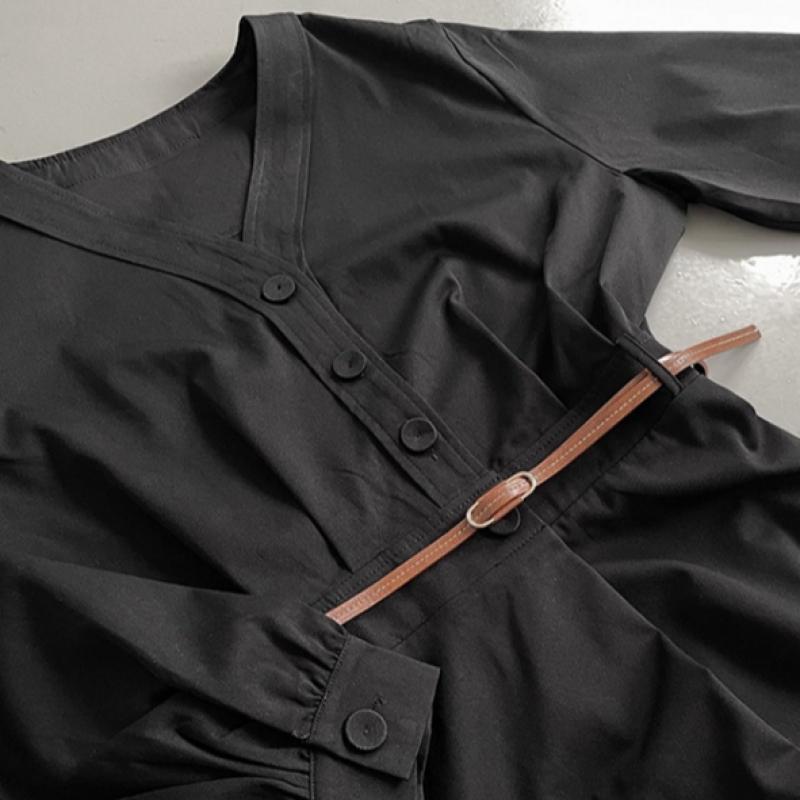 Shop Women V Neck Button Pin Tuck Simple Suit With Belt Long Dress Cat Wdr 120