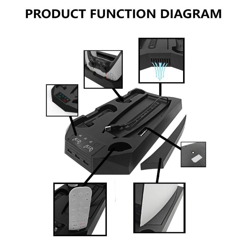 Multifunctional Consoles Cooling Stand with Integrated Two Controller Charging and Headsets Holder