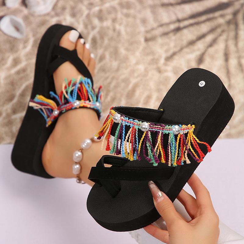 Fashion Tassels Decor Wedge Sandals for Women Summer 2025 Clip Toe Chunky Platform Slippers Woman Fashion Thick Sole Beach Flip Flops