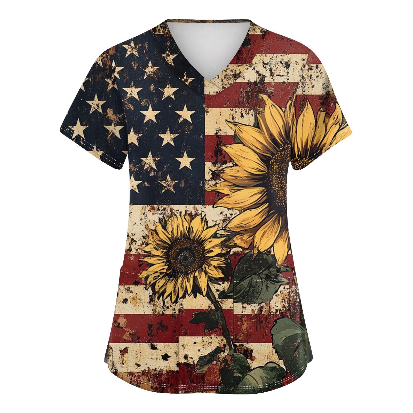 

Женская мода V-образный вырез короткий рукав рабочая одежда с карманами День независимости принтованные топы XXXXXL