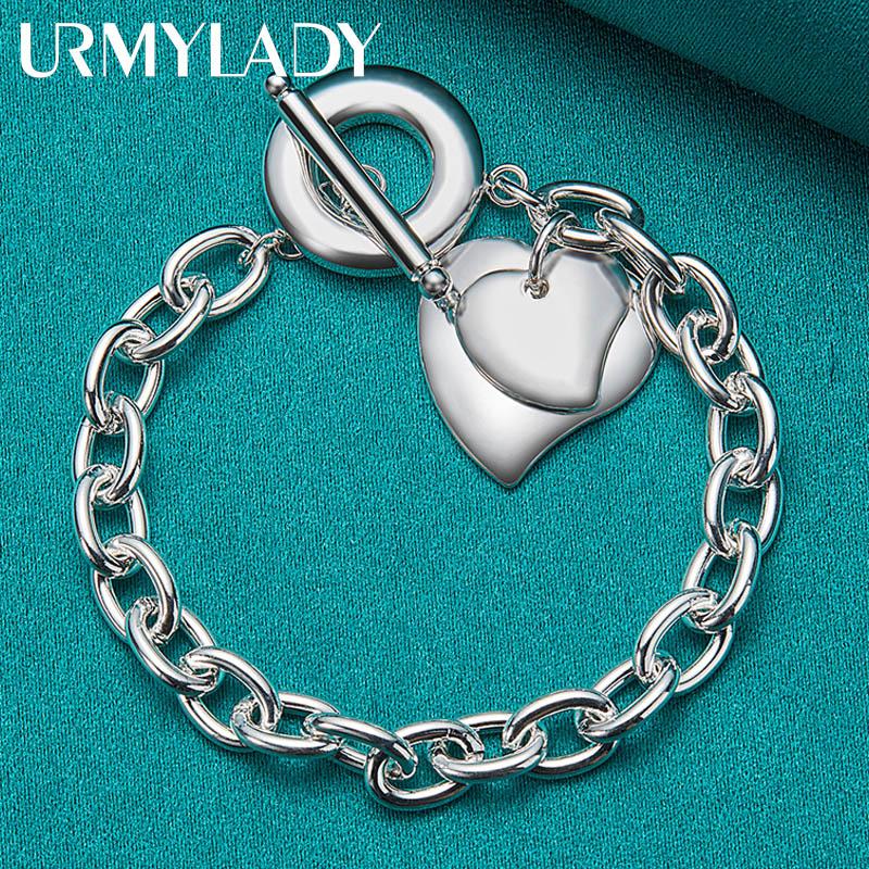Bracciale con Ciondolo Doppio Cuore in Argento Sterling 925 per Donne Gioiello Charm per Festa di Matrimonio