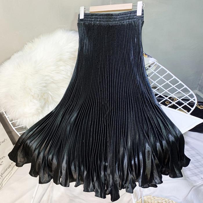 Women Reflective Bright Satin Long Skirt with Solid Color Pleated A-Line Skirts for Fall