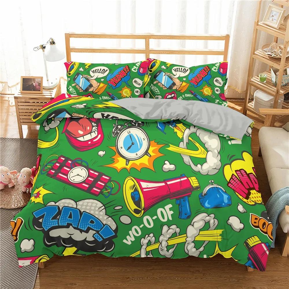 Fashion Bedding Set Cartoon Graffiti Polyester Duvet Cover Pillowcase Single King Double Full Queen Size Polyester Quilt Cover