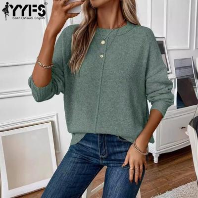 Maglioni a girocollo a maniche lunghe con stampa tinta unita, casual, autunno inverno, da donna