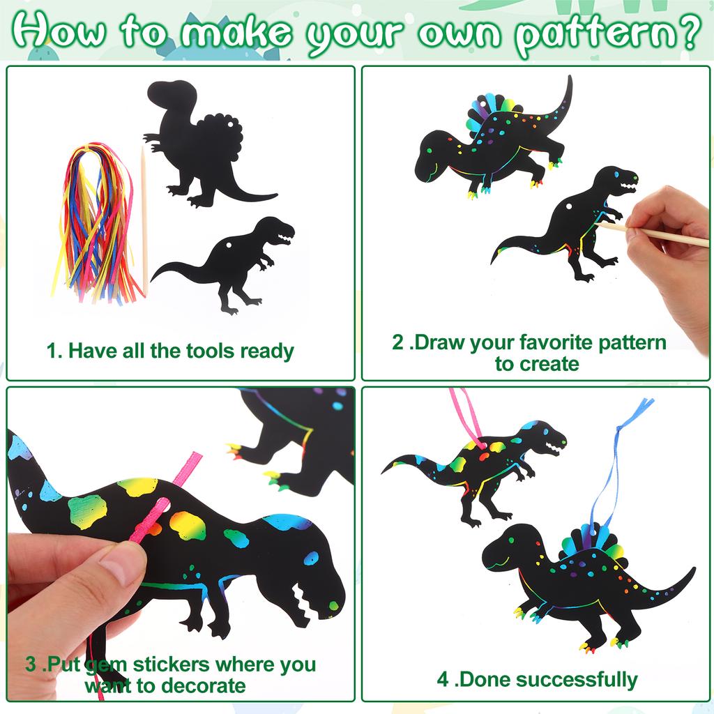 64 Pcs Dinosaur Theme Scratch Cards Rainbow Scratch Paper Dinosaur Crafts Art Card Dinosaur Scratch Card Art Kit Diy Art Craft
