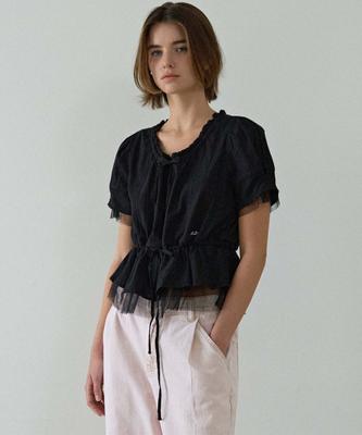 Hauseuobeupondeu Sheer Layered String Half Blouse_Black
