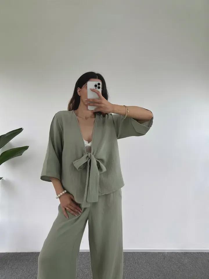 Damenmode, lässig, einfarbig, Strickjacke mit Krawatte und Hose, zweiteiliges Set