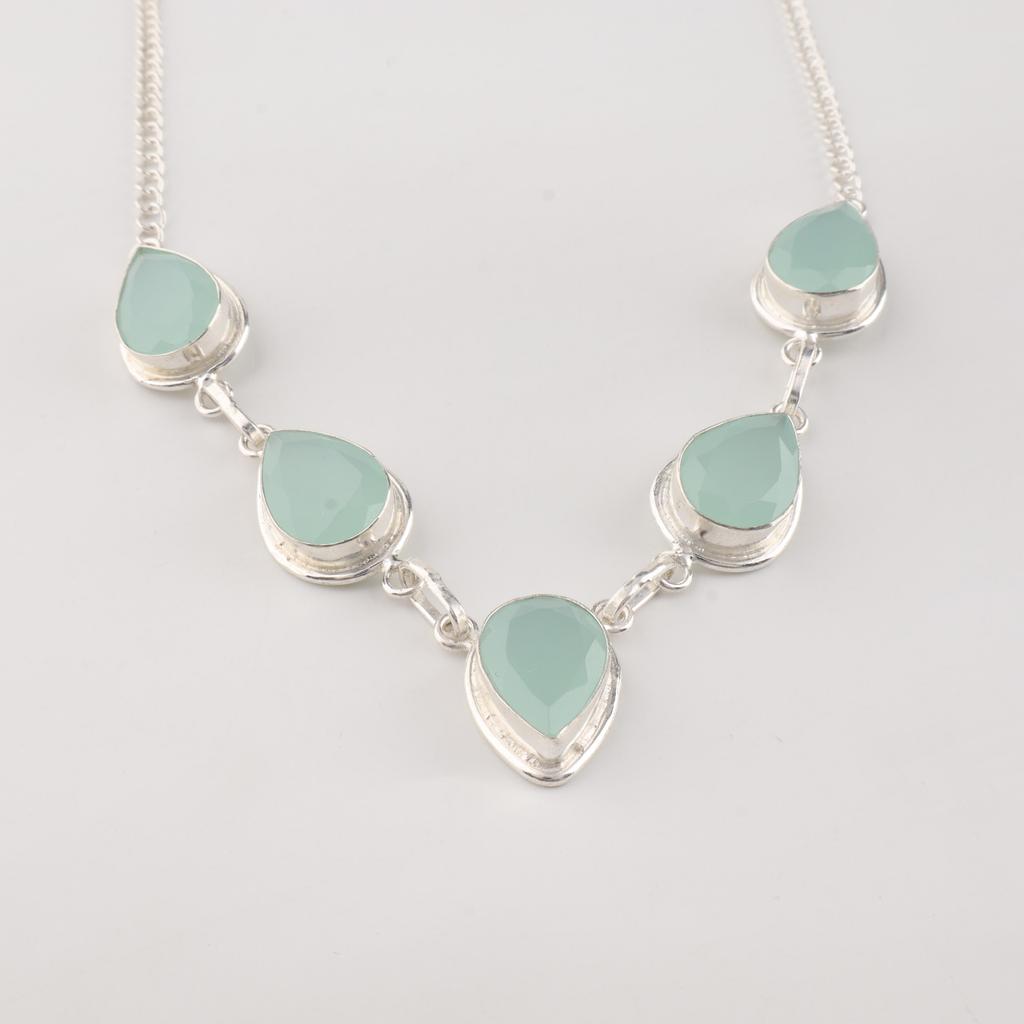 Aqua Chalcedony Gemstone Silver Necklace, 925 Sterling Silver, Statement Necklace For Wedding RN-1-20
