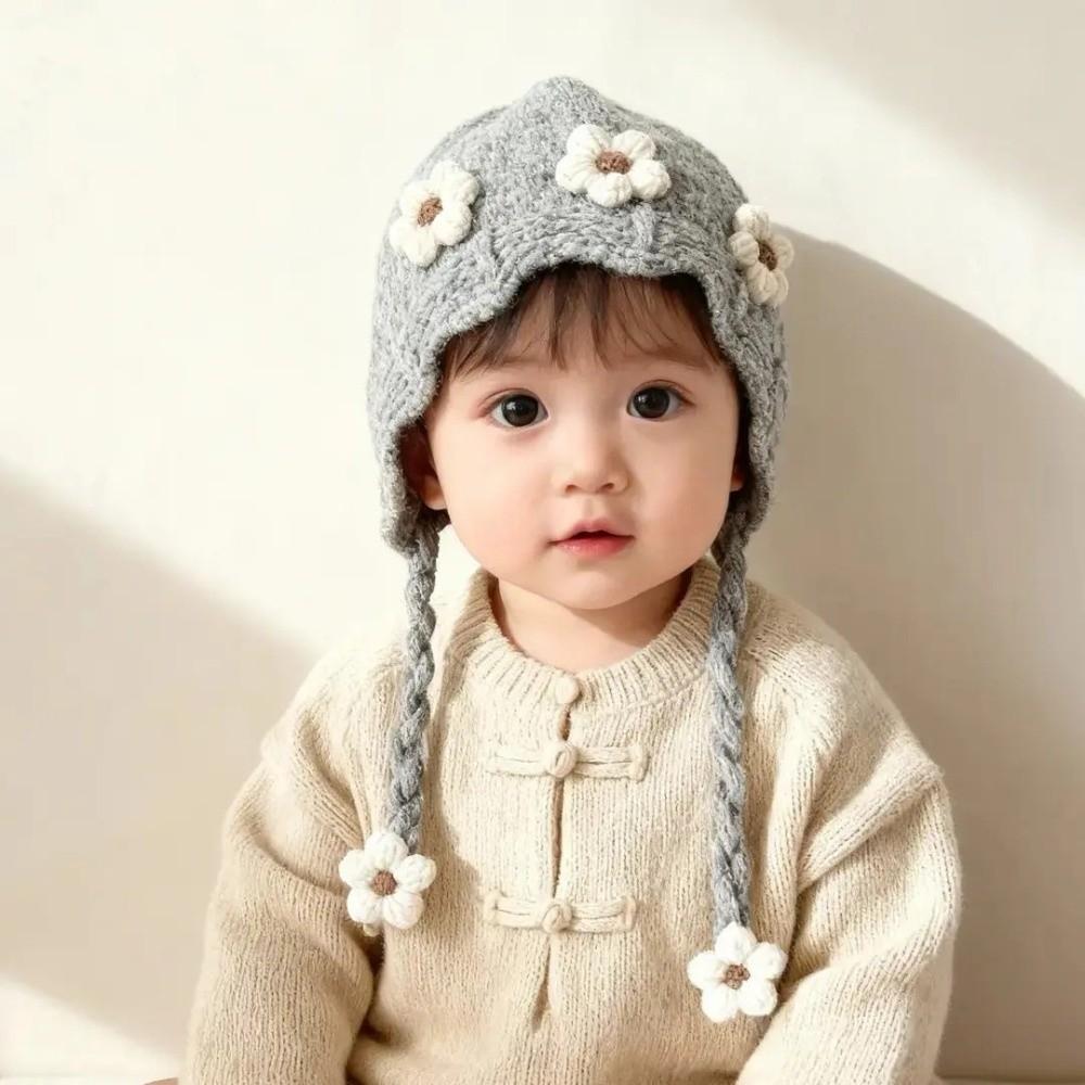 Solid Color Baby Knitted Hat Lacing Ear Protection Hat Fashion Kids Beanie Hat Daily Wear