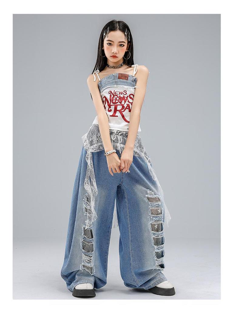 Kostium do tańca jazzowego w stylu koreańskim dla dziewcząt - Dziecięce podarte dżinsy na letni występ.