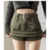 Coffee Brown Denim Mini Skirt Women A-Line High Waist Slim Fit Wrap With Built-in Shorts