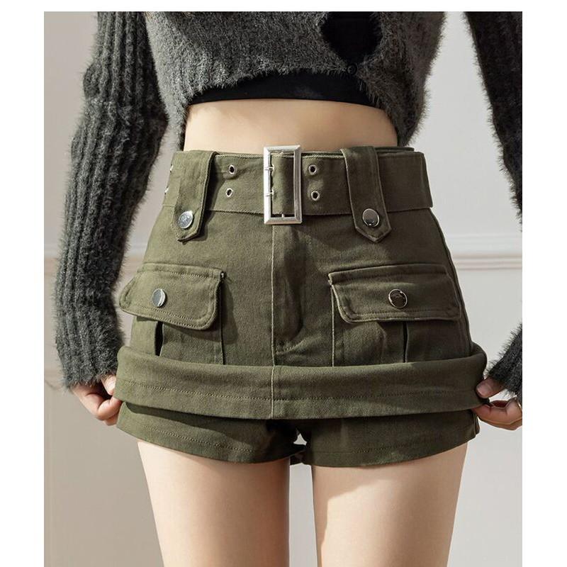 Coffee Brown Denim Mini Skirt Women A-Line High Waist Slim Fit Wrap With Built-in Shorts