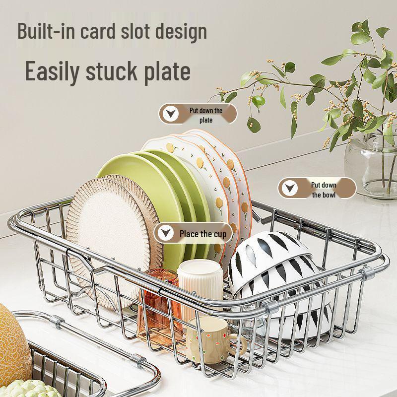 Retractable Stainless Steel Sink Basket and Dish Drying Rack for Kitchen Use