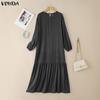 VONDA Women Round Neck Long Sleeve Casual Loose Ruffled Maxi Long Dress