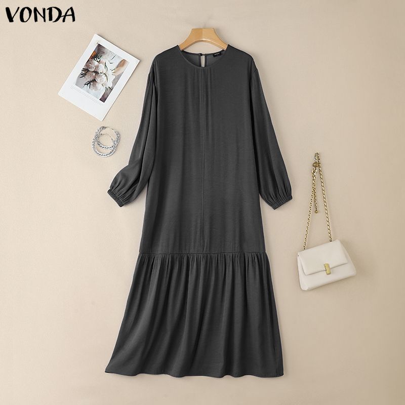 VONDA Women Round Neck Long Sleeve Casual Loose Ruffled Maxi Long Dress