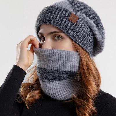 Damen Herbst-Winter-Mütze/Schal-Set, winddicht, Strickmütze, Kälteschutz, weicher, dicker, mit Fleece gefütterter Schal, Beanie-Mütze