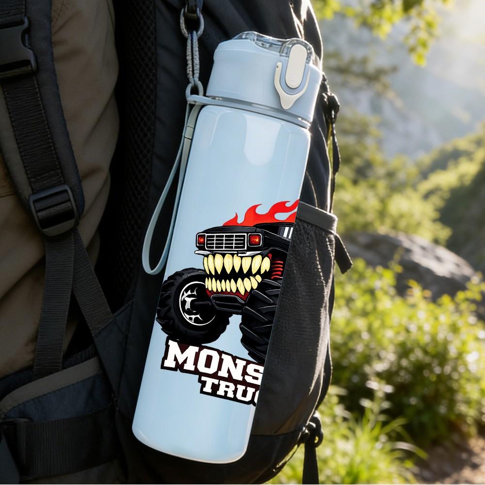 1PC Monster Truck Fire Flame Sport Print 750ml Color Plastic Sports Water Bottle Leakproof Flip Straw Lid Suitable for Sports Office Home Use