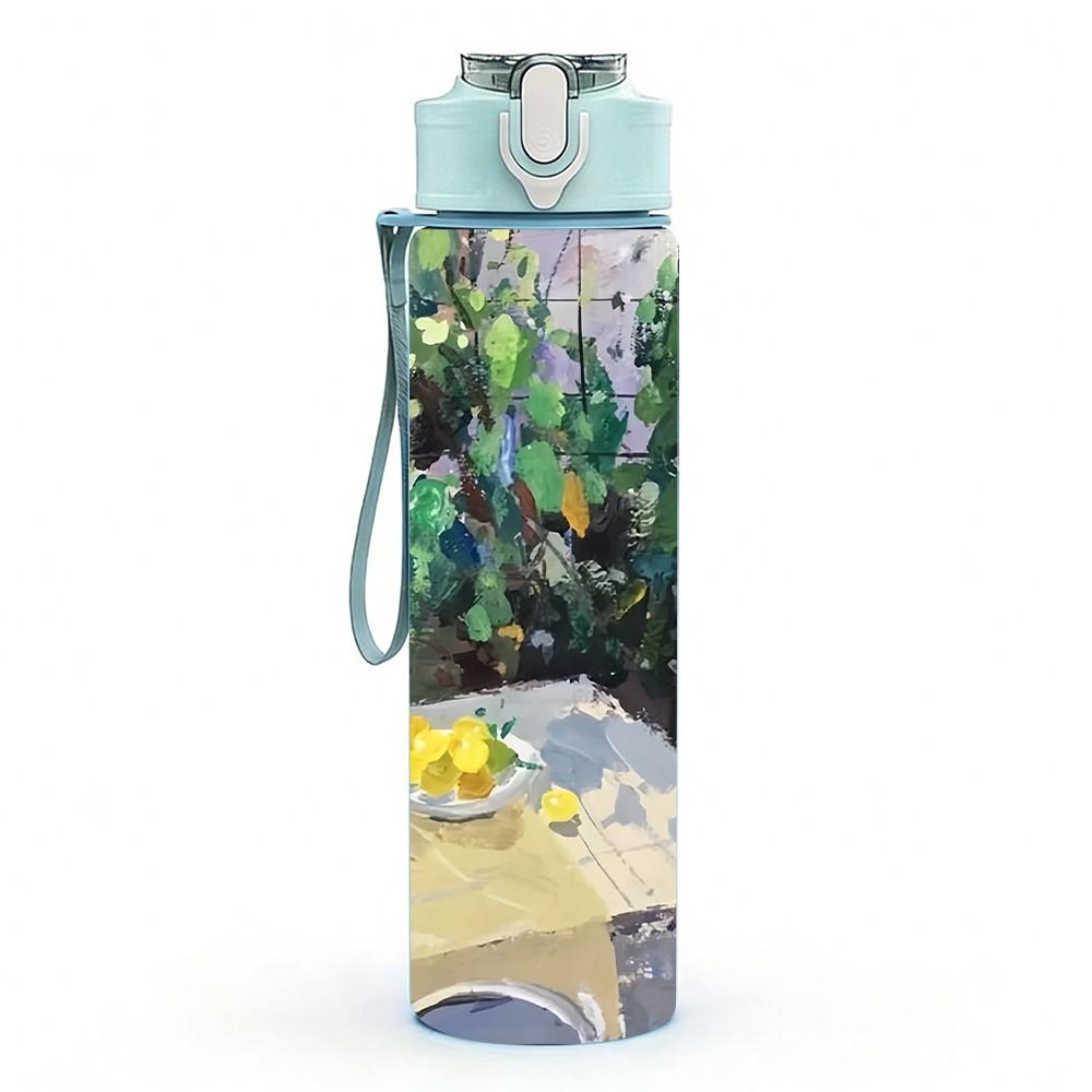 1PC Outdoor Table Picnic Garden Scene Illustration 750ml Color Plastic Sports Water Bottle Leakproof Flip Straw Lid Suitable for Sports Office Use