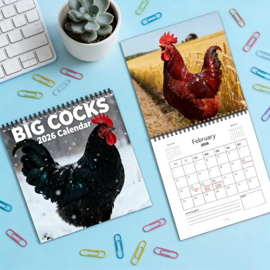 2026 Lustiger Hahn Kalender Große Hahn Wortspiele Monatlicher Wandkalender mit Humorvollen Geflügelfotos Dickes Papier Drahtbindung Büro Streiche Geschenk