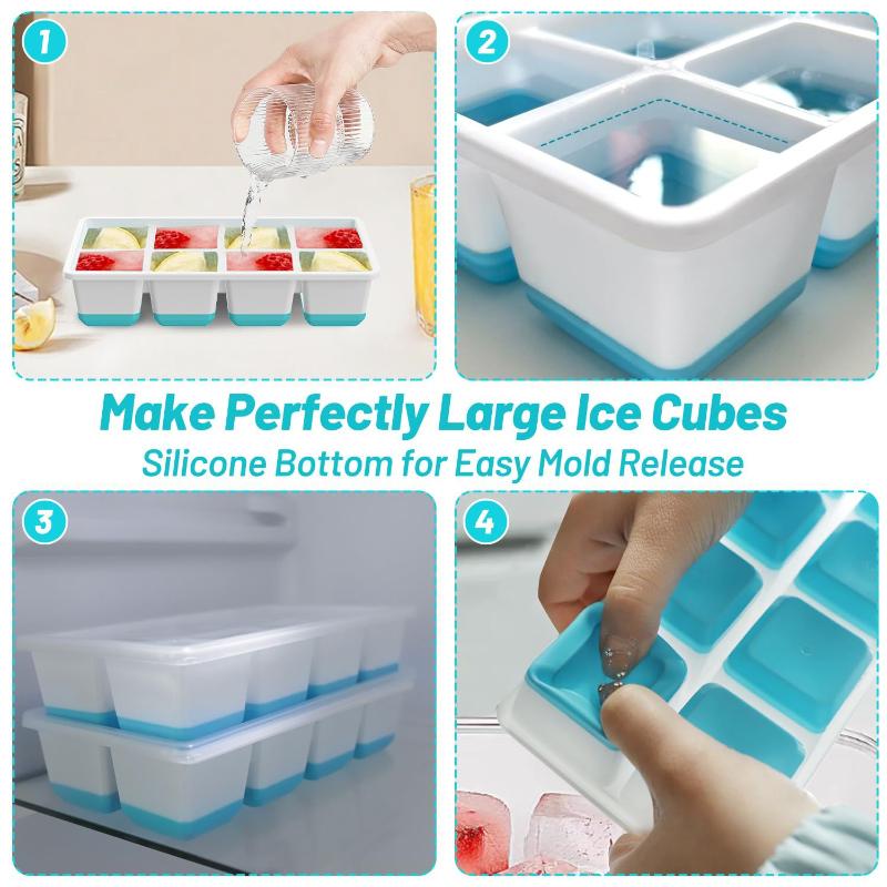 Large Reusable Ice Cube Trays Easy-Release Flexible Ice Cube Molds With Lids Big Square Cubed Ice Trays For Cocktail Coffee