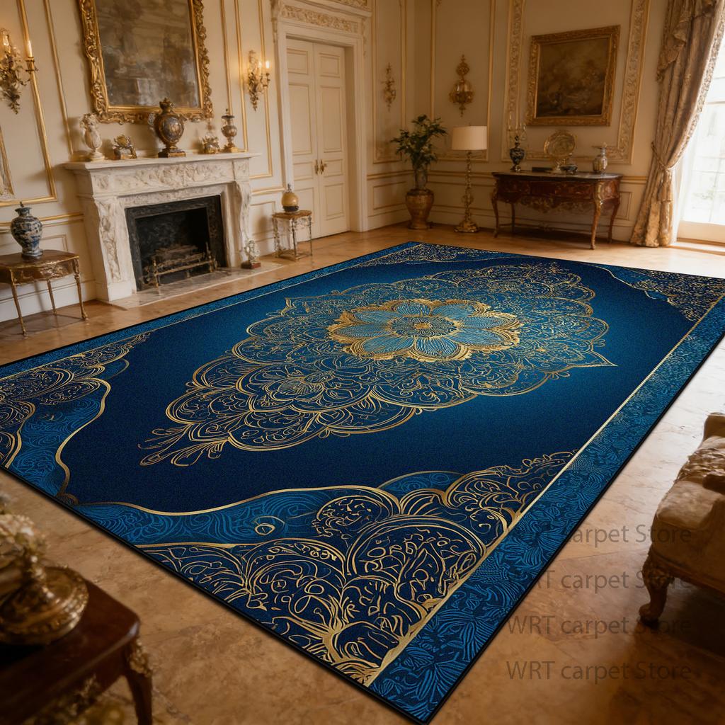 Luxury Retro Blue Golden Carpet Living Room Short Velvet European Style Washable Soft Large Area Rugs Dining Room Bedroom Mats
