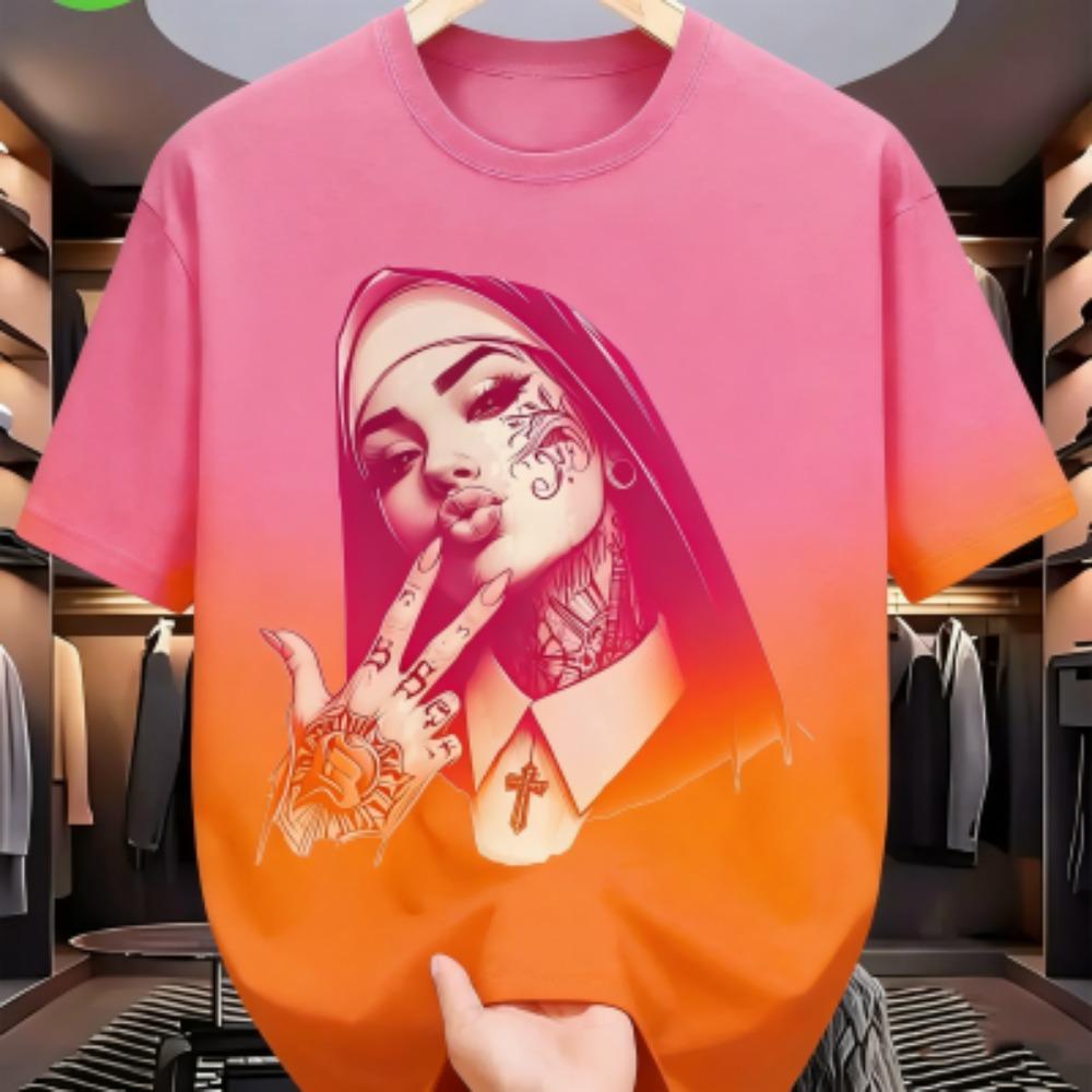 Sommer Mode Bunte Tätowierte Nonne Grafikdruck Damen T-Shirt Sommer Lässig Locker Kurze Ärmel Herren und Damen T-Shirts Oberteil