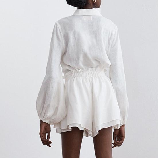 2 Teile/satz Frauen Set Raffen Elastische Schnürung Lange Taille Falten Hosen Hemd Shorts Blase Ärmel