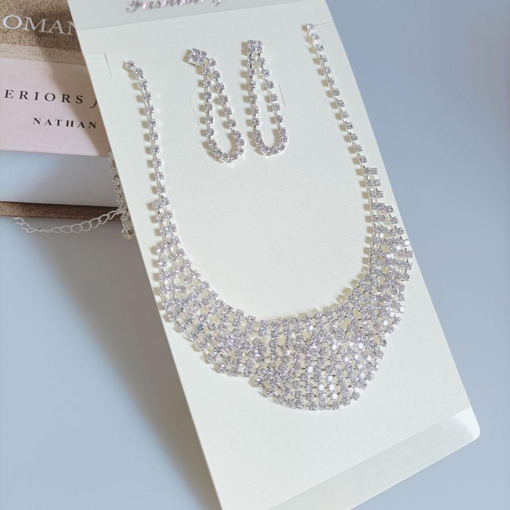 Hot Super Flash Full Diamond Necklace Earrings, Luxury Chain Exaggerated Dress Banquet Live Streaming Host Accessories