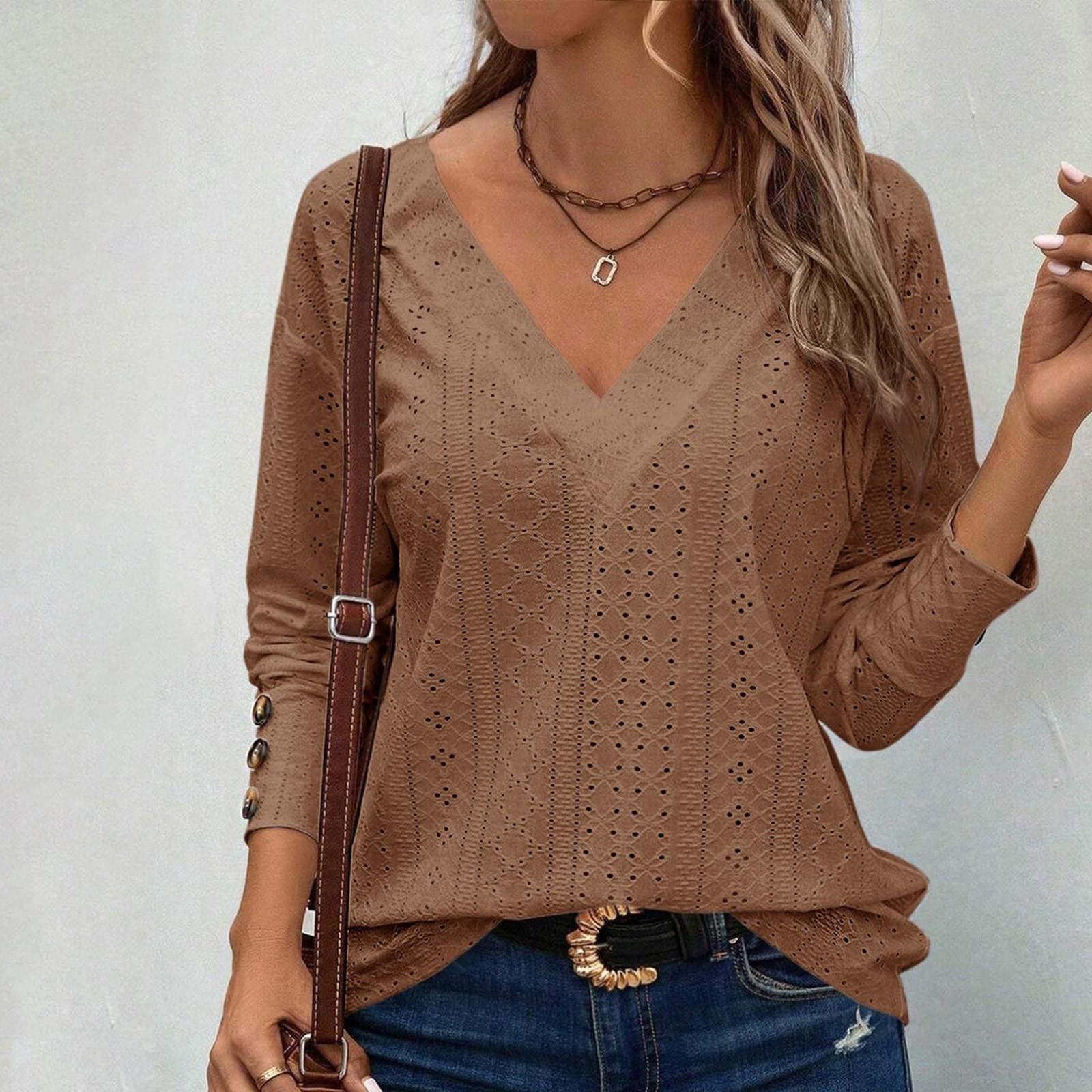 

Женские топы, повседневные рубашки с V-образным вырезом, длинными рукавами и пуговицами M кофейный