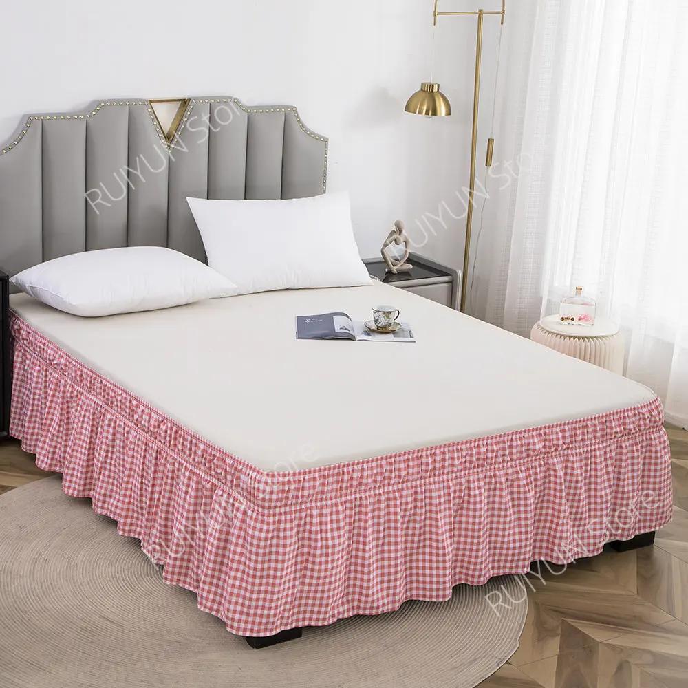 Home Kostkovaná postelová sukně bez povrchu Elastická páska Postelová sukně Omotávka kolem nařasená postelová sukně Couvre Lit Twin /Plná/ Queen/ King