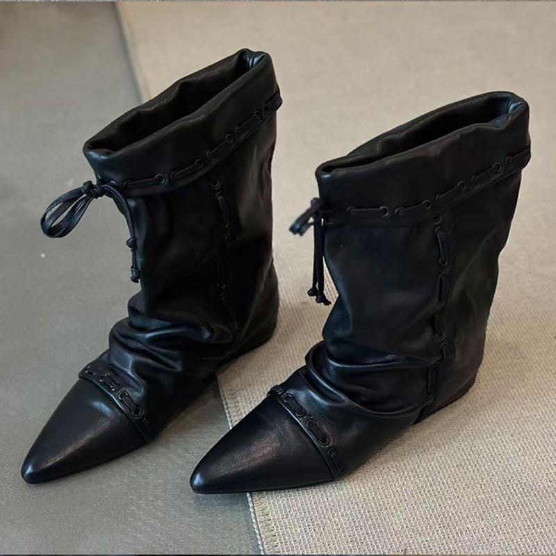 Cowhide version~ retro pleated pointed pile short boots women's 2025 new Maillard western cowboy boots Martin boots