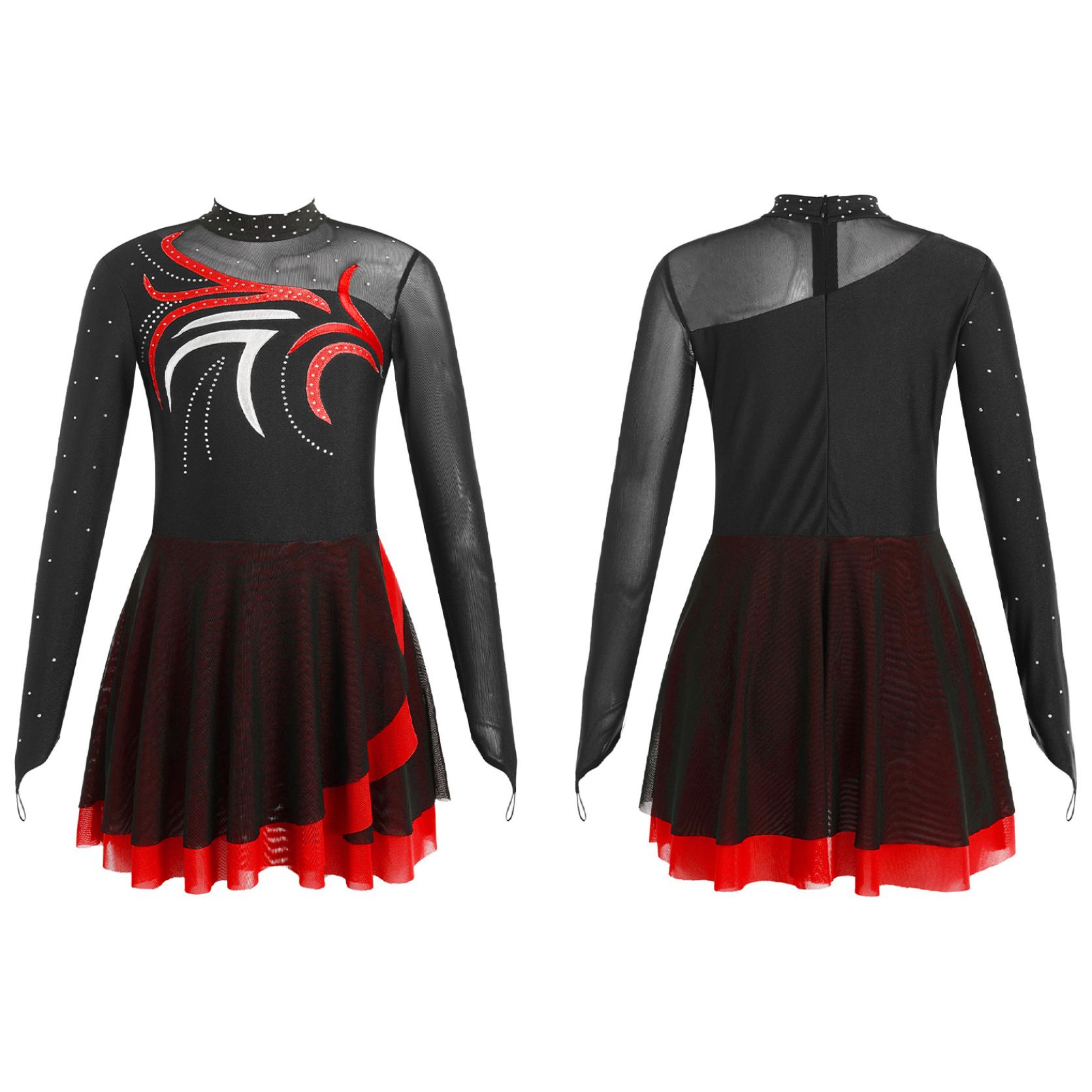 Vestito da Pattinaggio Artistico da Competizione per Bambini, Body da Ginnastica per Adolescenti con Inserti di Paillettes, Abbigliamento da Ballo da Ballerina, Costume Elegante 13-14 Years rosso