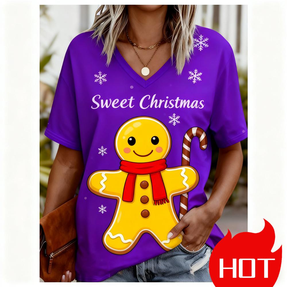 Christmas Women's T-shirt 3D pattern printing V-neck T-shirt quick-dry New Year's T-shirt New women's tops y2k clothes for woman