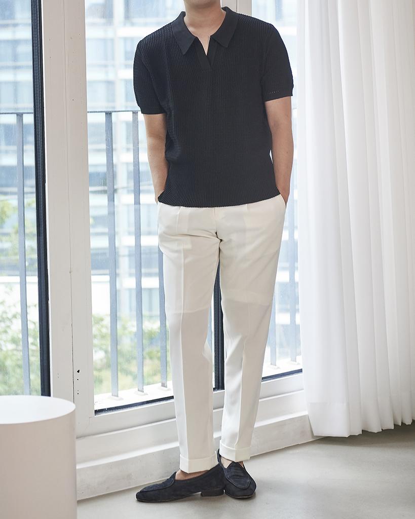 DEVERRMAN Open Collar Signature Half Knit (Black)