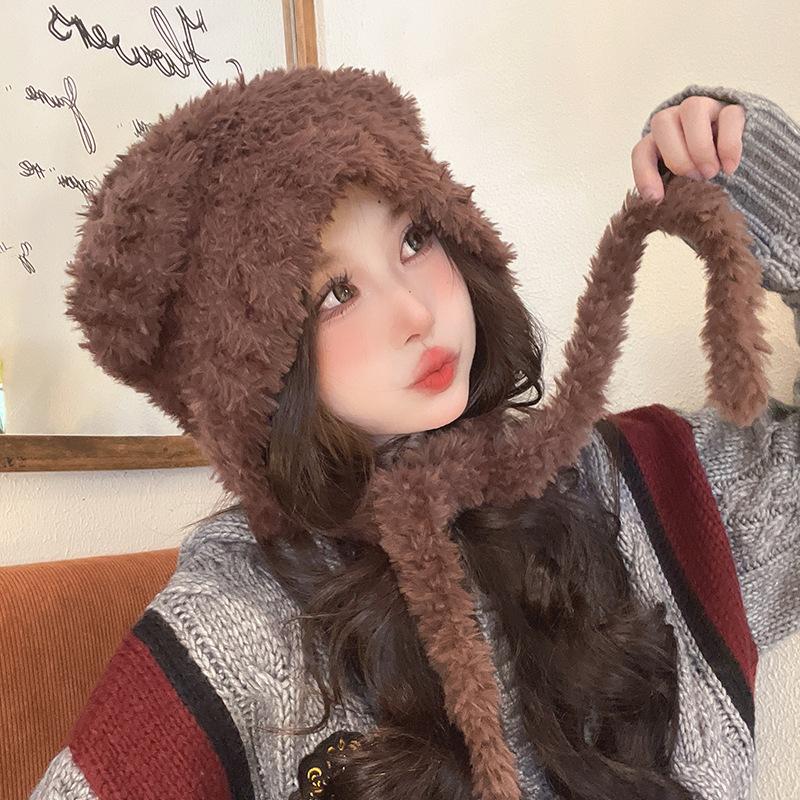 

Милая плюшевая шапка-медведь для женщин на осень и зиму, защита ушей, завязки, вязаная шерстяная шапка, ветрозащитная для езды, теплая, шапка-ушанка M（56-58cm）