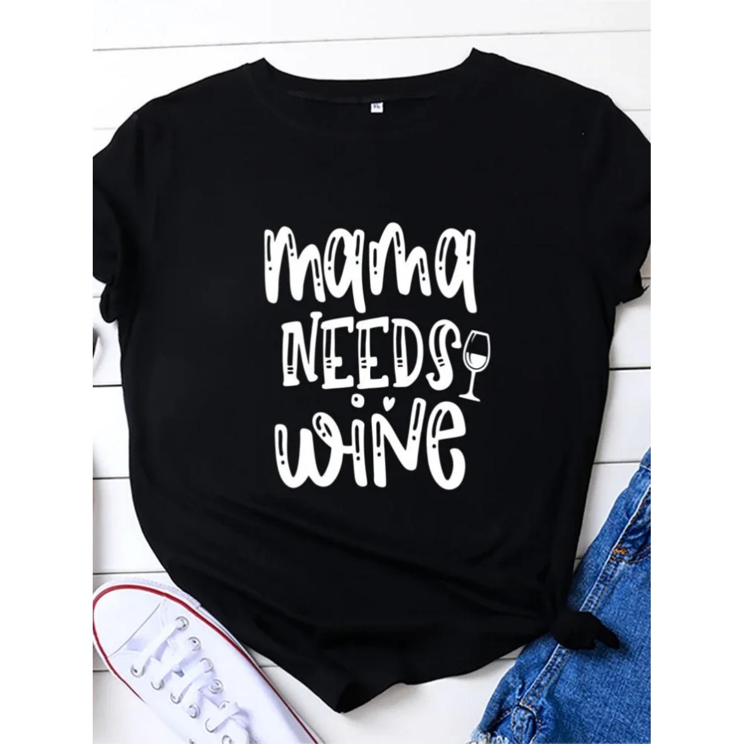 

Футболка с надписью MAMA NEEDS WINE, женская, с коротким рукавом и круглым вырезом, свободная, летняя, женская, футболка, топы, Camisetas Mujer S чёрный