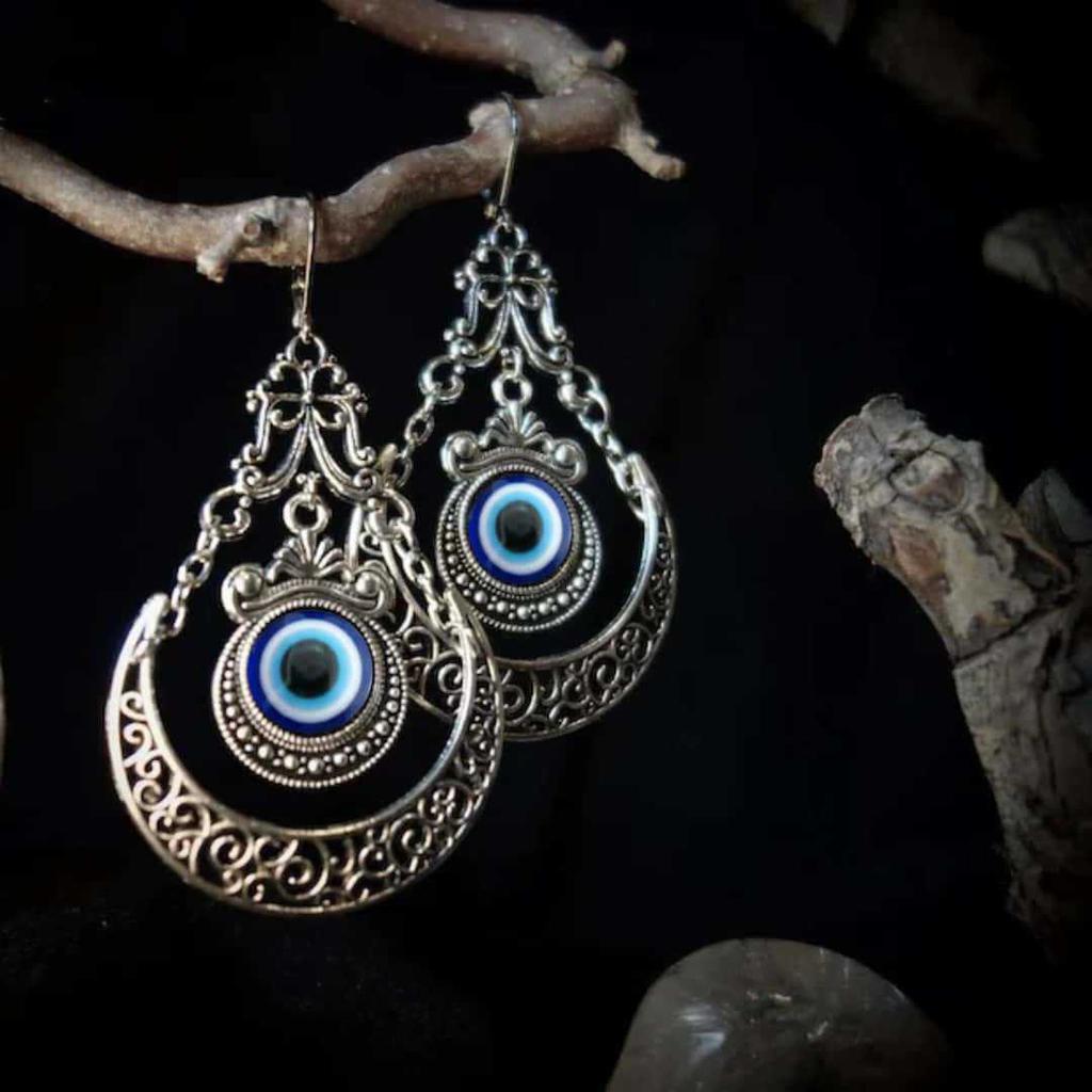 Bohemian Devil Eyes Moon Sliver Color Filigree Colored Gemstones Dangle Earrings for Women Gothic Halloween Party Jewelry Gifts