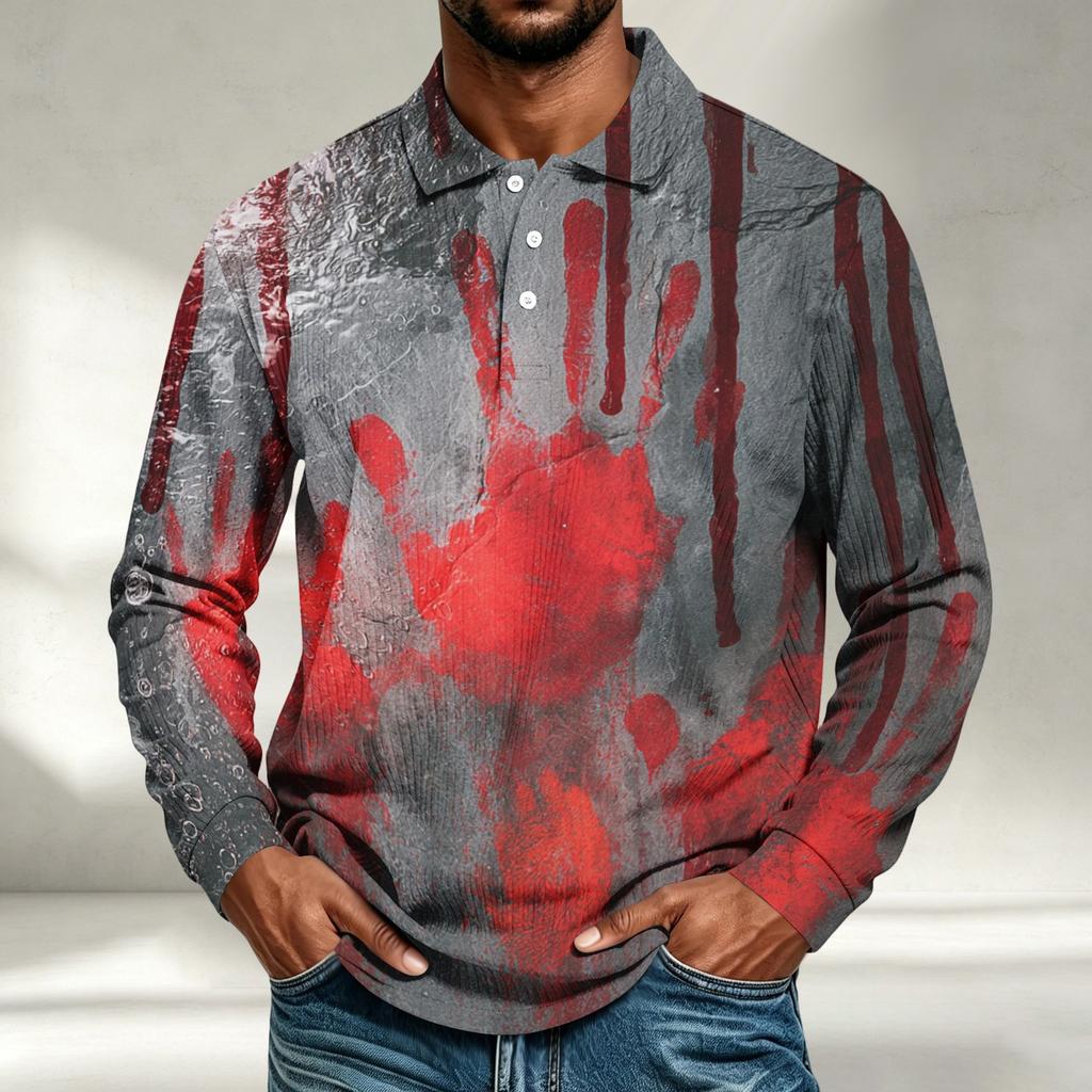 Men's Casual Loose Fit Long Sleeve Shirt with Halloween Print