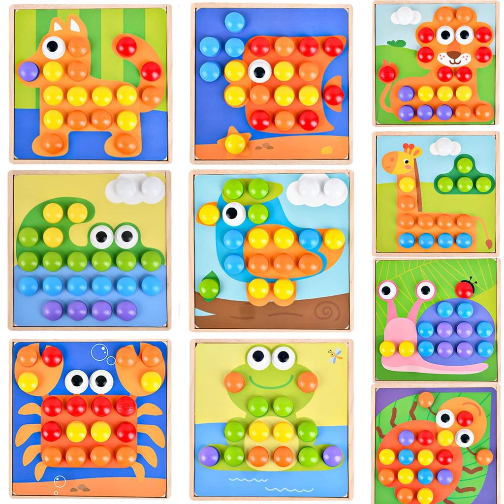 Bajoy Montessori Educational Button Early Shape Fingertip Picture Boosts Thinking Colorful Wooden Toy with Wooden Storage Ages Girls and Christmas