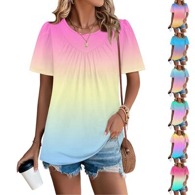 Camiseta Casual de Moda para Mujer, Cuello Redondo, Estampado Degradado, Plisada, Manga Corta