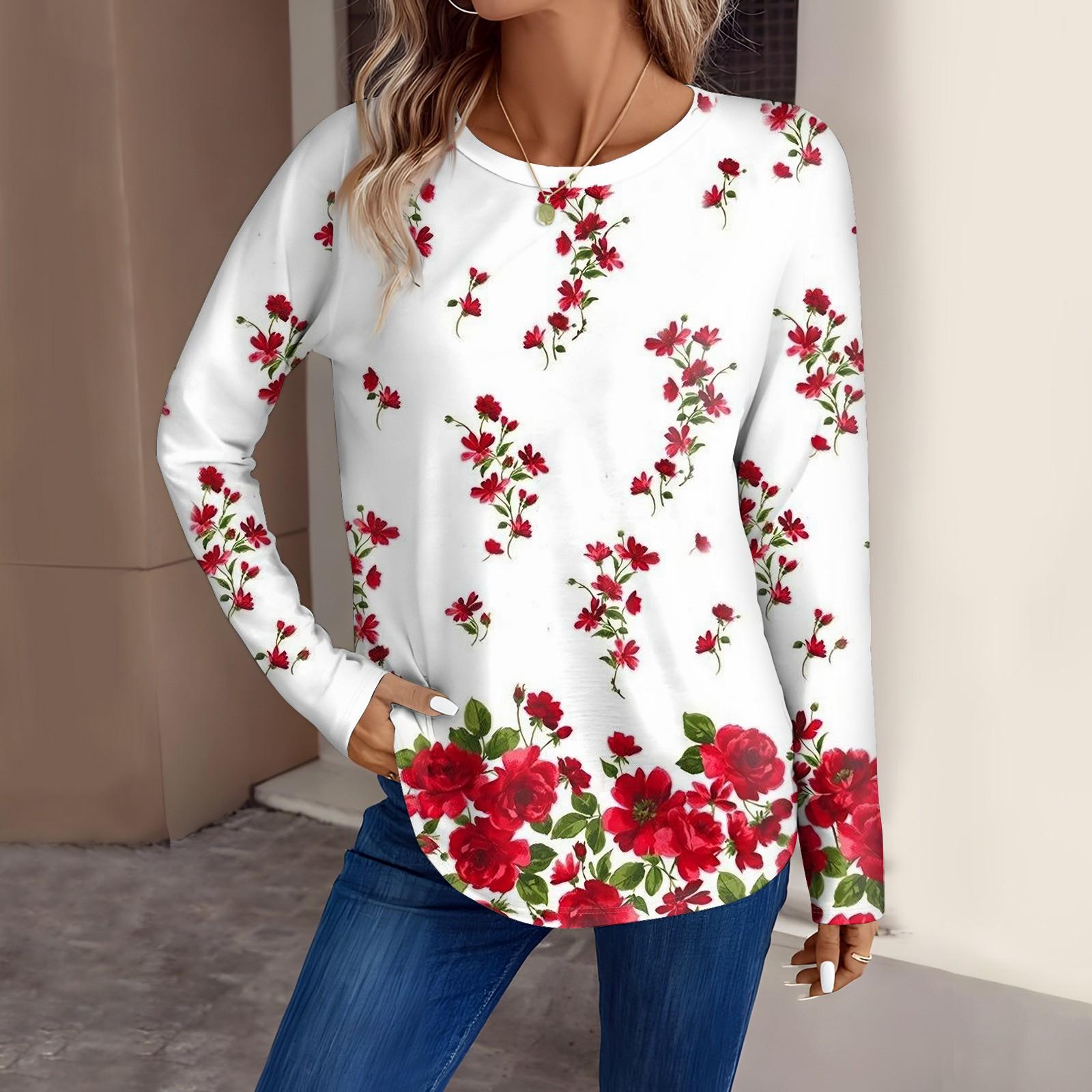 Женская мода повседневный топ с длинным рукавом с цветочным принтом и круглым вырезом — фото 6