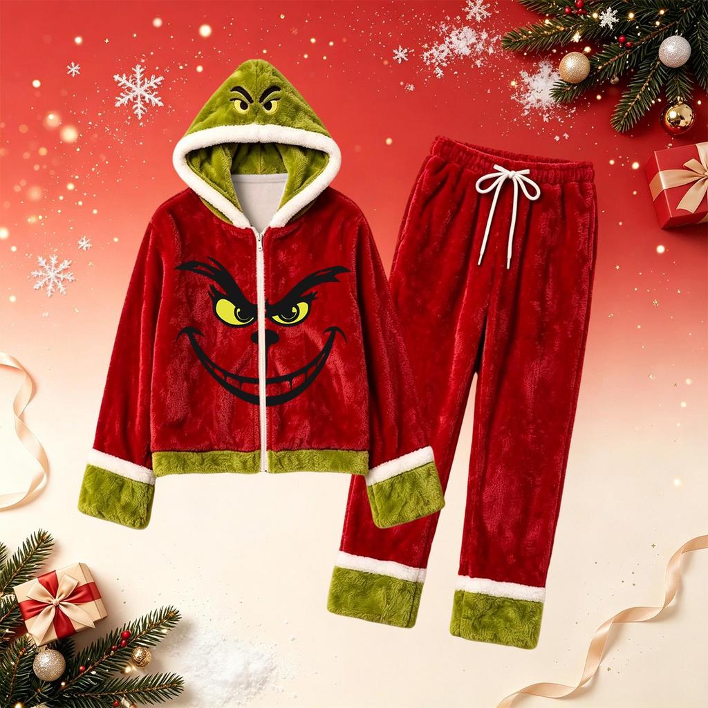 Women's Loose Fit Christmas Print Lined Hooded Pajama Set with Straight Leg Pants