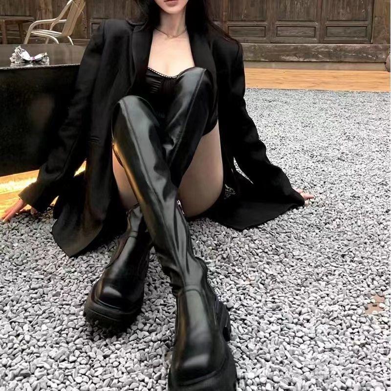Skinny legs long thick-soled square head high boots 2025 black over-the-knee boots long boots universal cos knight boots tide