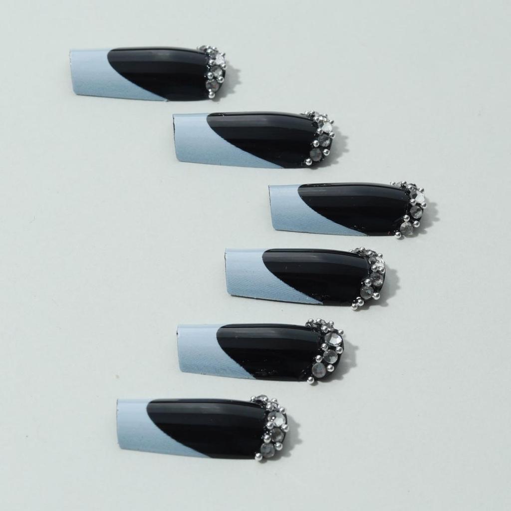 Black French Manicure Full Diamond Wearable Nail Stickers - 24-Piece Set