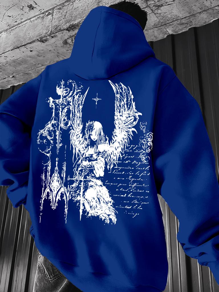 Occult‑goth Men Hoodie Fashion Back‑grunge‑wing‑maiden‑gothic‑script Decor Print Pullover For Soft Relaxed Casual Street Wear