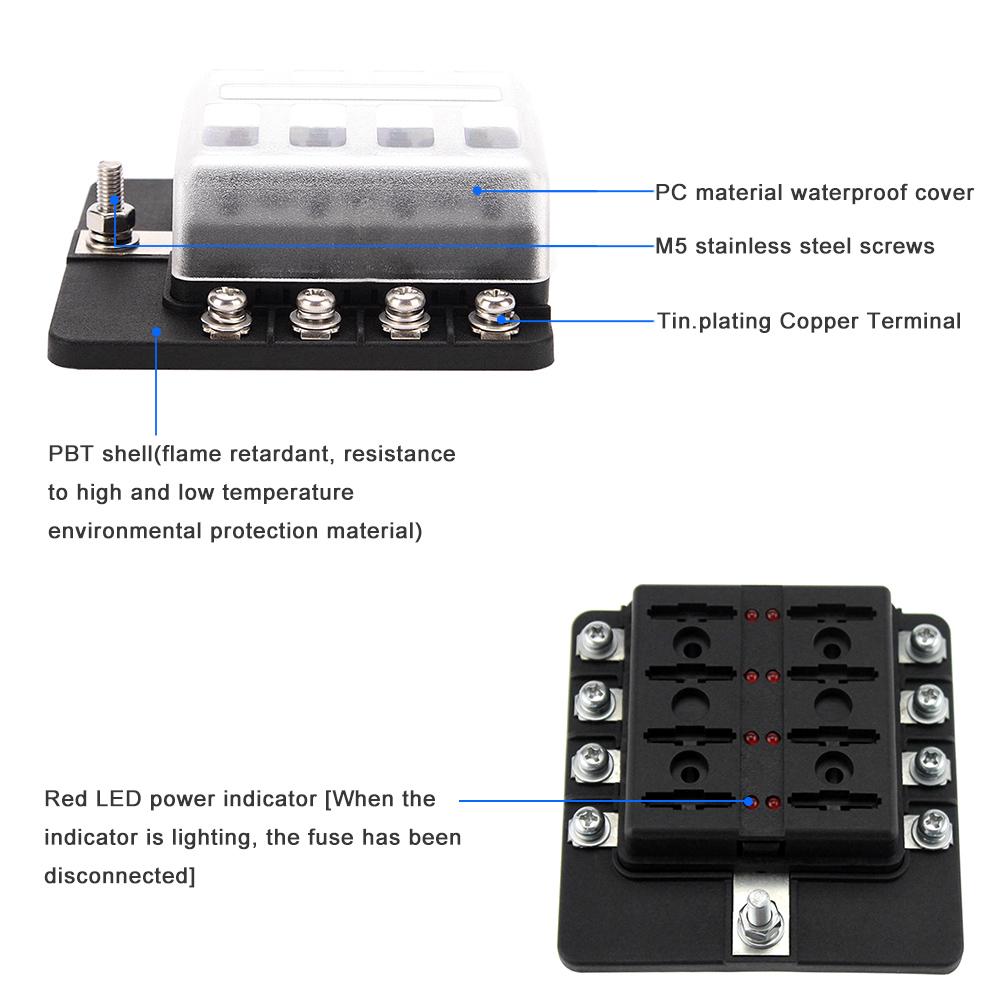 8 Way Blade Fuse Box Holder Fuse Blocks with LED Indicator 10Pcs Fuses 10Pcs Connector Terminals for Car Boat Marine